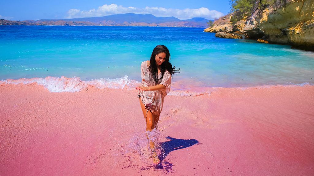 Tourist enjoying the unique pink-hued sands of Pink Beach, Lombok, on a private snorkeling trip
